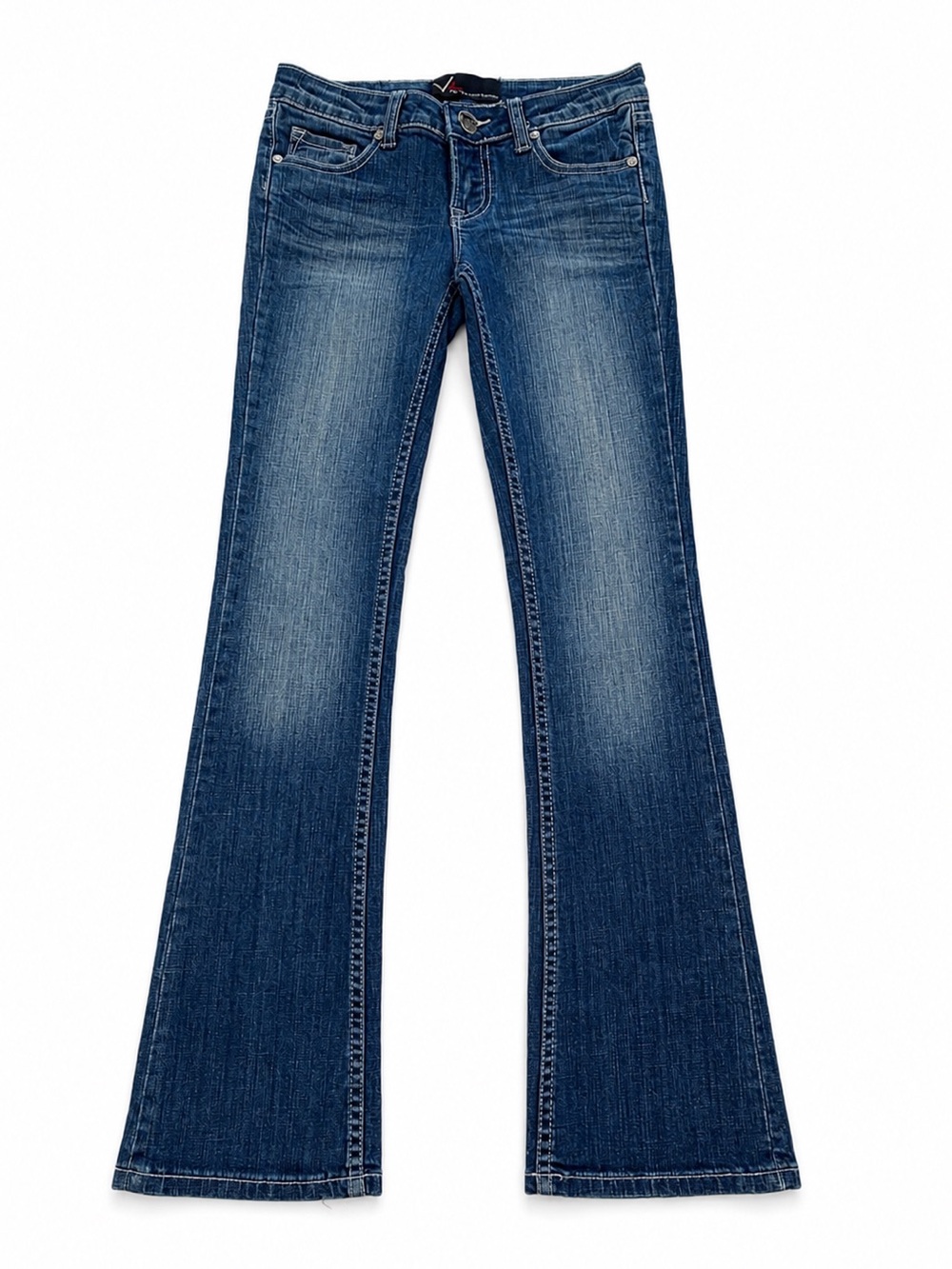 V BLUE LOW RISE FLARE JEANS WOMENS SIZE 24 MEDIUM BLUE STRETCH Y2K